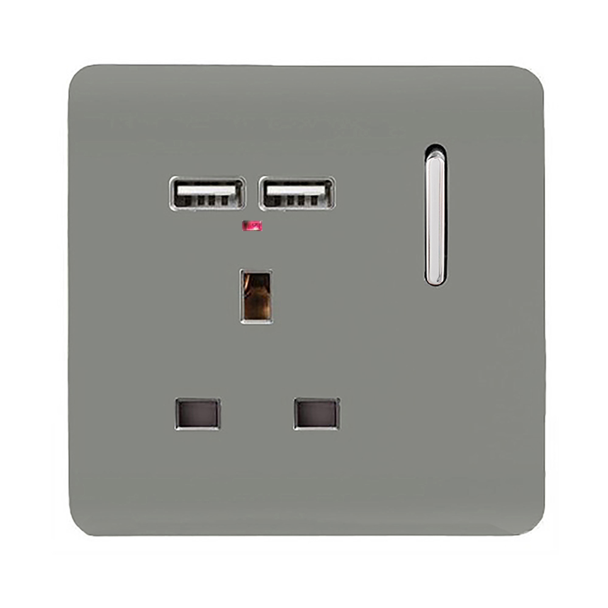1 Gang Switched Single Socket 13A With 2 x USB-A 10W (Shared) With Neon Insert Light Grey ART-SKT13USBLG  Trendi Light Grey